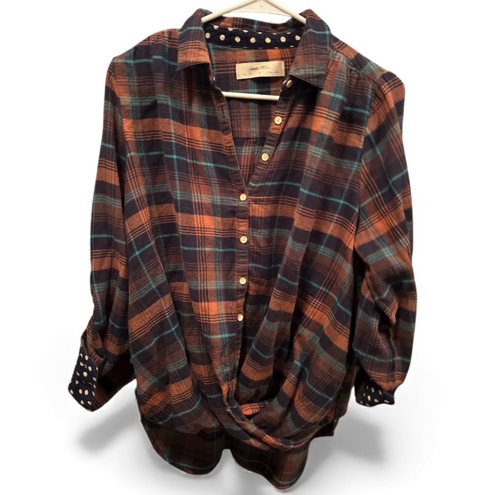 Anthropologie Orange and Blue Plaid Button Down Shirt